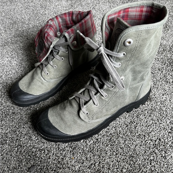 PALLADIUM Boots Men Size 13 Olive Green Canvas High Top Boots 02353090 Plaid - Picture 2 of 6